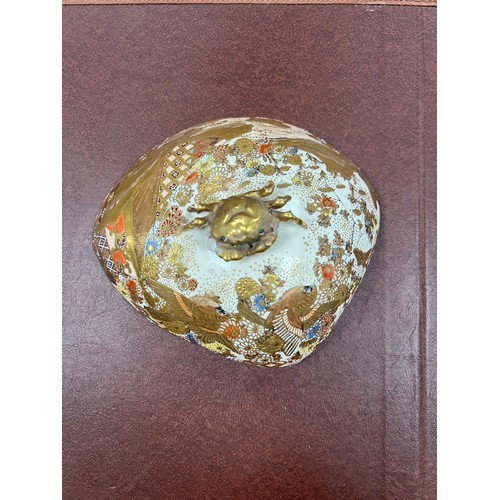 301 - Japanese Meiji period Satsuma pottery lidded box in clam shaped form with gilt decoration and crab h... 