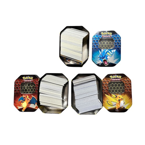 367 - Three Pokemon Tins of Various Cards. Various cards from series Fusion Strike, Hidden Fates and more.... 