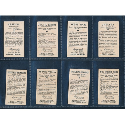 315 - Maynard's Confectionery, 1933, Soccer Club Colours cards: Celtic, West Ham, Arsenal, Vila, Wednesday... 