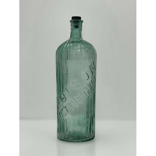 396 - Large Victorian aqua glass poison bottle, ribbed and inscribed at 45% across bottle 'POISON NOT TO B... 