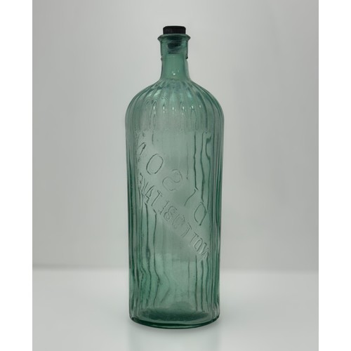 396 - Large Victorian aqua glass poison bottle, ribbed and inscribed at 45% across bottle 'POISON NOT TO B... 