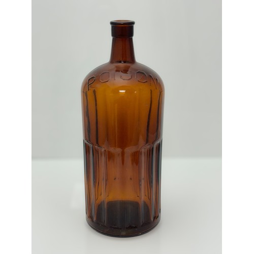 397 - Very Large Amber Ribbed Poison Bottle 2-12 etched into shoulder could have been the price, POISON on... 