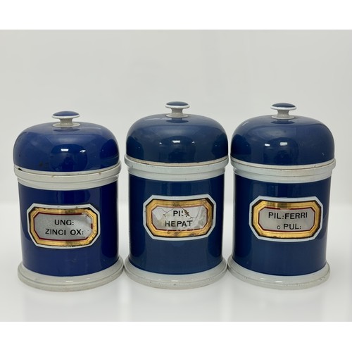 399 - Three Large Dome Lidded Blue And White Raised Ceramic Gold Foil Labelled Late Victorian Apothecary J... 