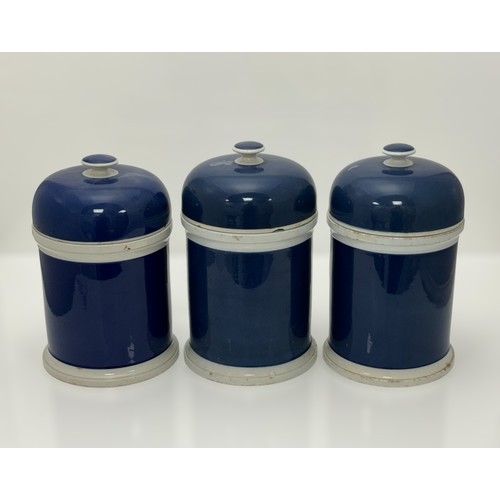 399 - Three Large Dome Lidded Blue And White Raised Ceramic Gold Foil Labelled Late Victorian Apothecary J... 