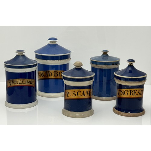 400 - Five Blue And White Apothecary Jars, various sizes: Largest labelled P: ACID BORIC, cracks to lid se... 