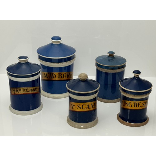 400 - Five Blue And White Apothecary Jars, various sizes: Largest labelled P: ACID BORIC, cracks to lid se... 