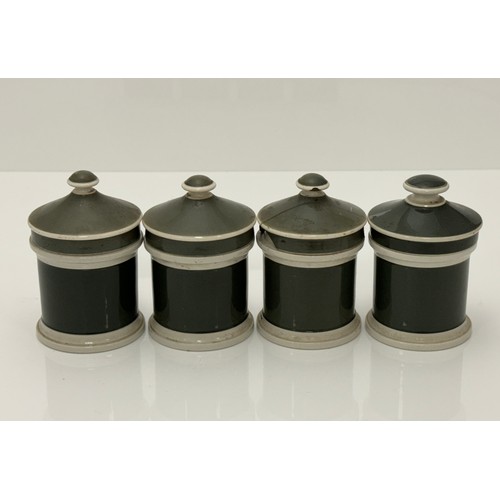 404 - Set of four Olive Green 19th Century ceramic apothecary jars with lids. All four have gilt labels, s... 