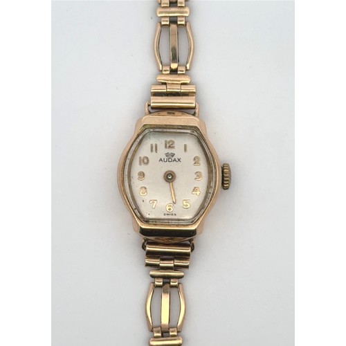 105 - An Audax 9ct gold watch on a 9ct gold bracelet. Gross weight 12.98g. Watch is winding and ticking bu... 