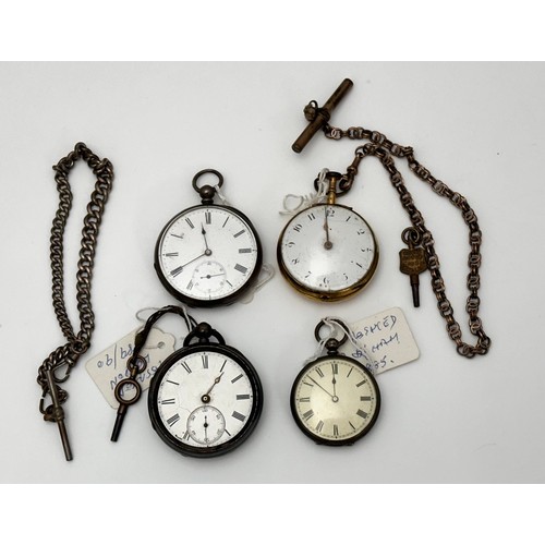 134 - Four pocket watches. Includes a silver pocket watch with 1889 London hallmarks for RJP, numbered 196... 