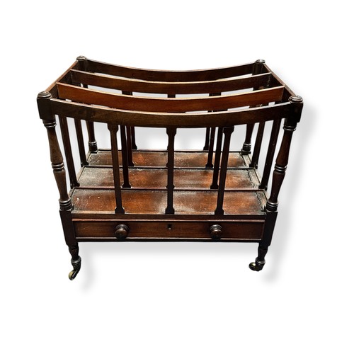 659 - Antique mahogany Canterbury sheet music rack, on brass castors. Three compartments, with single draw... 