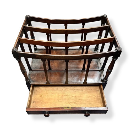 659 - Antique mahogany Canterbury sheet music rack, on brass castors. Three compartments, with single draw... 