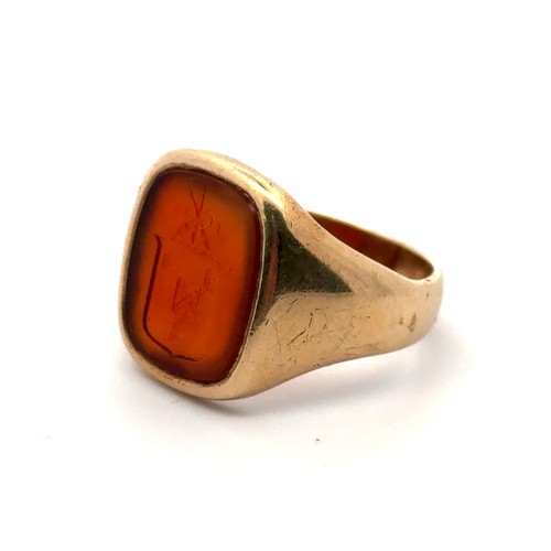 11 - A gold family crest carnelian intaglio ring, stamped 9ct. Size S. Carnelian approx 15mm x 12.5mm. 8.... 