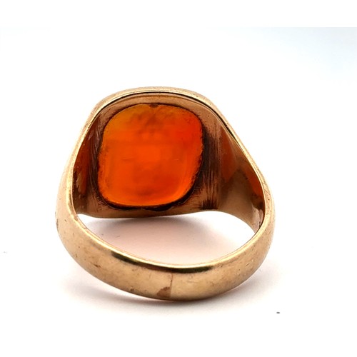 11 - A gold family crest carnelian intaglio ring, stamped 9ct. Size S. Carnelian approx 15mm x 12.5mm. 8.... 