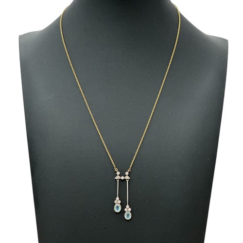 8 - An aquamarine and diamond antique pendant drop necklace. Presumed platinum on gold. Pendant length 3... 