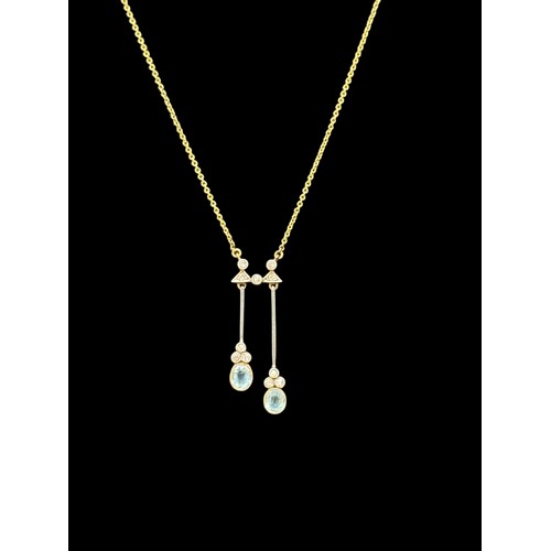 8 - An aquamarine and diamond antique pendant drop necklace. Presumed platinum on gold. Pendant length 3... 