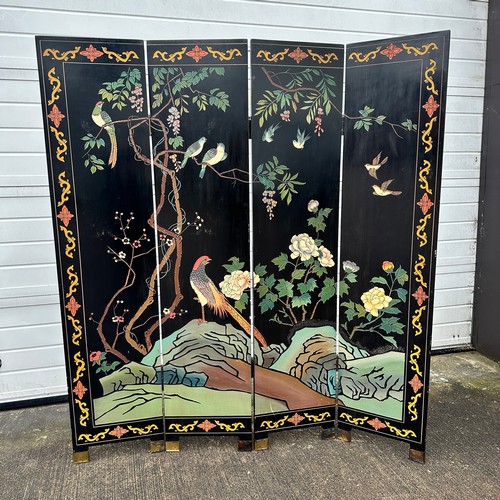 664 - Black Lacquered Four Panel Oriental Room Divider / Screen. With oriental landscape scene to one side... 