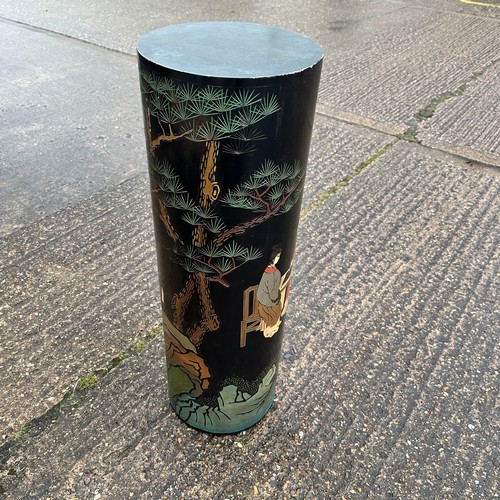 665 - Black Lacquered Oriental Style Jardinière Stand. Oriental inspired artwork. H91.5 x W30.5. BUYER TO ... 