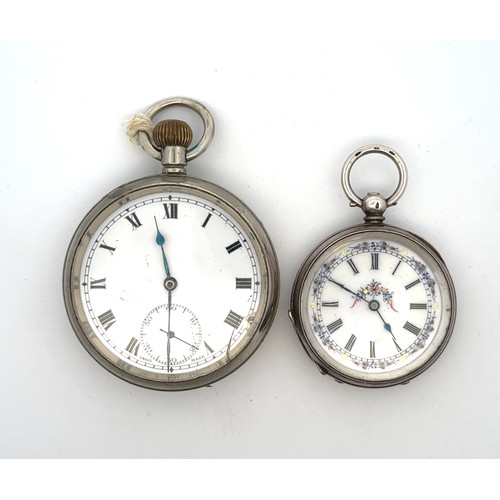 132 - Ladies 935 Swiss silver key wind fob watch with decorated enamel dial, case diameter 36mm, watch unt... 