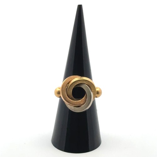 42 - A gold tri-coloured ring designed as three interlocking circles, size M/N, unmarked but tested as ap... 