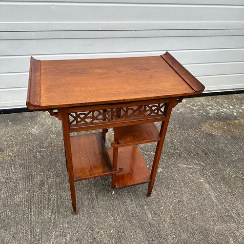 667 - Mahogany Anglo Japanese Occasional Table. Aesthetic movement style. Graduated shelves. H74cm x W64cm... 