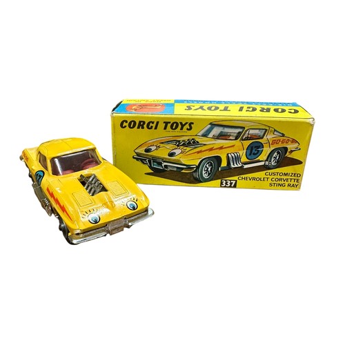 68 - Corgi No. 337 Chevrolet Corvette Customized, yellow, red interior, cast hubs, Go Go Go/race #13/Lazy... 