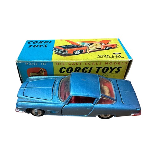 43 - Corgi 1960s trio with Chrysler Ghia L.6.4 metallic blue No. 241, Ford Consul Classic cream with pink... 