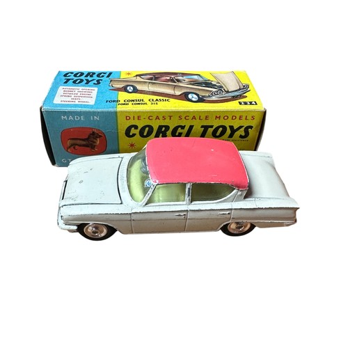 43 - Corgi 1960s trio with Chrysler Ghia L.6.4 metallic blue No. 241, Ford Consul Classic cream with pink... 