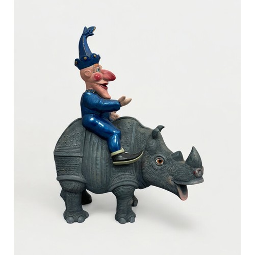 3 - Terry Webster (British, 1941-2024), 
Mr Punch on Rhino, 
Composite resin, 
41cm.