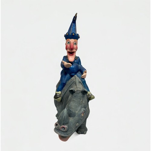 3 - Terry Webster (British, 1941-2024), 
Mr Punch on Rhino, 
Composite resin, 
41cm.