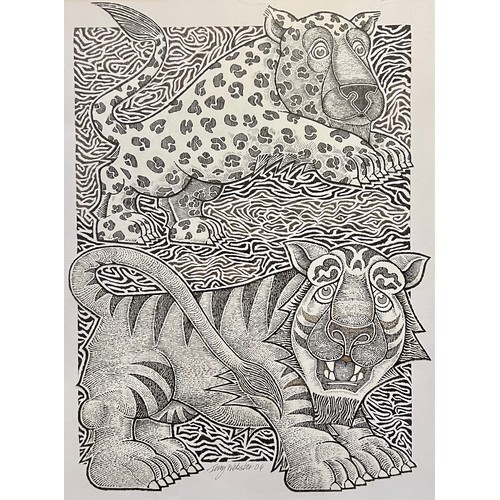 118 - Terry Webster (British, 1941-2024),
Tigers, 
Pen and ink on paper, 
57cm x 43cm