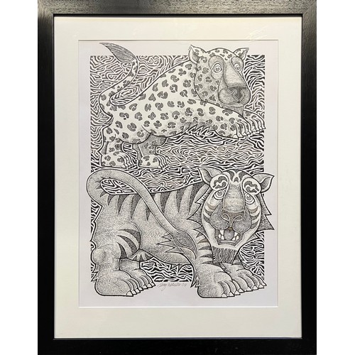 118 - Terry Webster (British, 1941-2024),
Tigers, 
Pen and ink on paper, 
57cm x 43cm