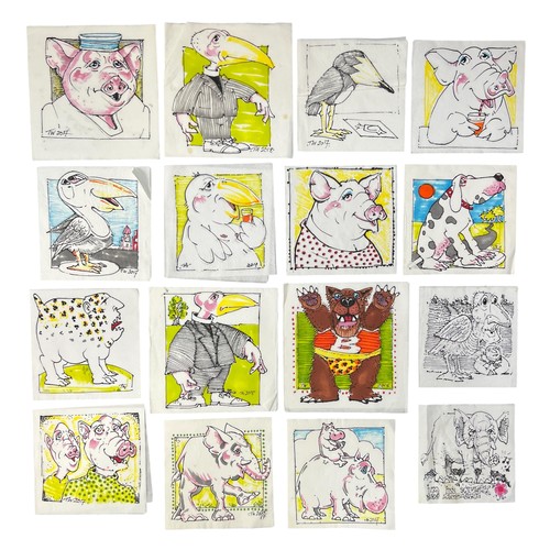 125 - Terry Webster (British, 1941-2024),
Animal Napkins, 
Sixteen unframed painted napkins, 
Approx. 16cm... 