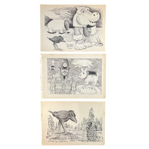 128 - Terry Webster (British, 1941-2024),
The Horror / Pigs / Raven & Tortoise, 
Three biro on paper drawi... 