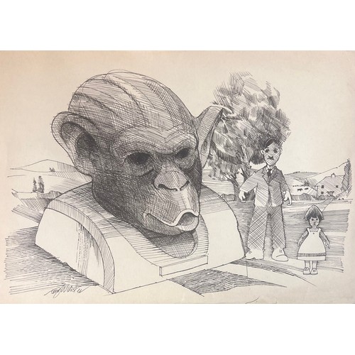 130 - Terry Webster (British, 1941-2024),
Monkey Head / Bear with Apples / Cricket Goat, 
Three biro on pa... 