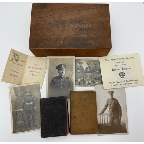 107 - Active Servivce Testament 1914-15, postcards and other ephemera kept in a wooden box.