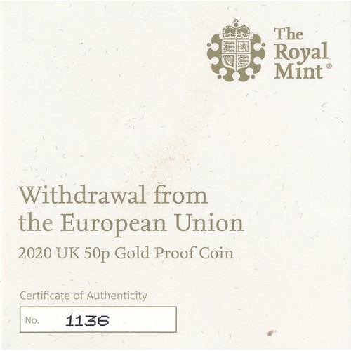 191 - 2020 Withdrawal from the European Union Brexit gold proof 50p coin, in Royal Mint box of issue with ... 