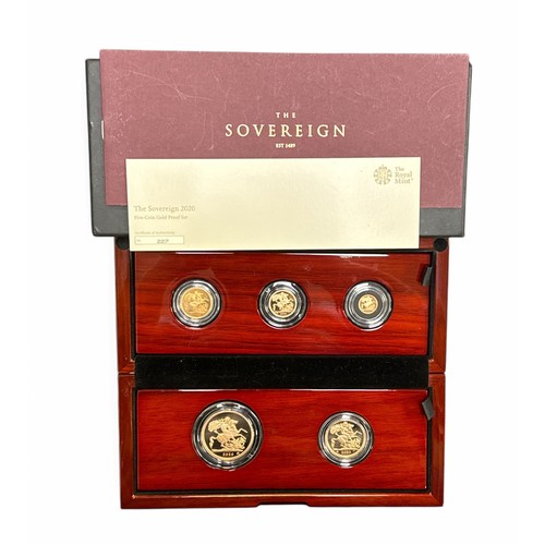 192 - 2020 Sovereign Five-Coin Gold Proof Set FDC, in Royal Mint wooden presentation box with outer black ... 