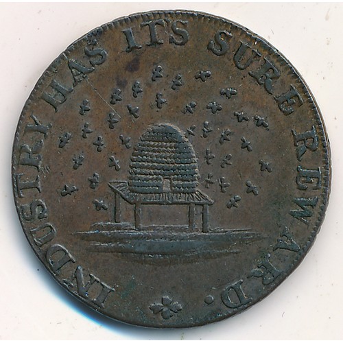 364 - Kempson, Copper Halfpenny, 1795, obv beehive and bees, INDUSTRY HAS ITS SURE REWARDS around, rev Dru... 