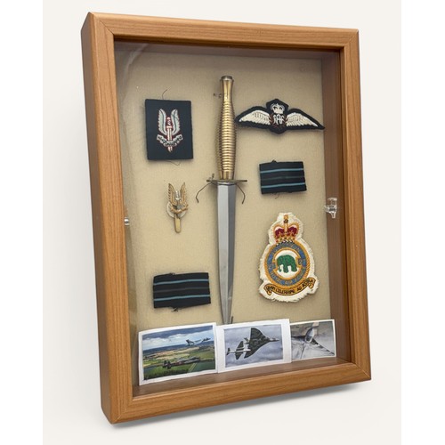 135 - Royal Air Force display case including a reproduction Commando Knife with gold handle marked for B2,... 