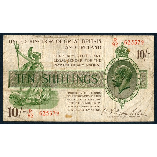 385 - £1 (1923, Second Issue) – Issued under Warren Fisher, featuring brown, purple, and green colors, wit... 