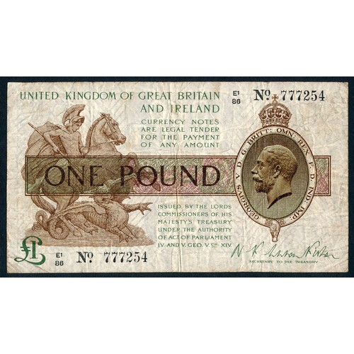 385 - £1 (1923, Second Issue) – Issued under Warren Fisher, featuring brown, purple, and green colors, wit... 