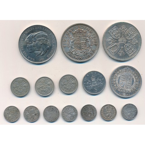 216 - GB Coins, mainly pre-decimal with crown 1937, half crown 1887, silver threepences etc.