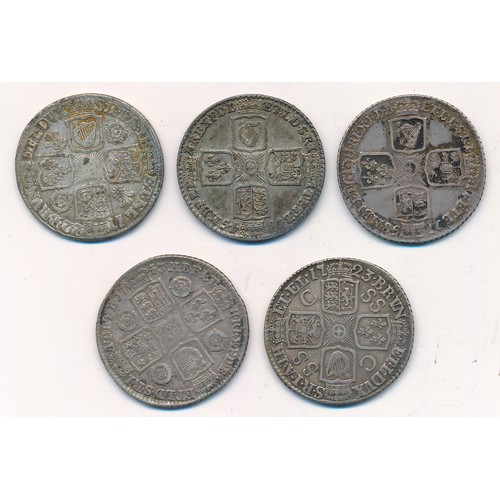 207 - 18th Century shillings (5), fair to very fine with George I 1722, 1723 SSC, George II 1743 roses, 17... 