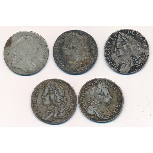 207 - 18th Century shillings (5), fair to very fine with George I 1722, 1723 SSC, George II 1743 roses, 17... 