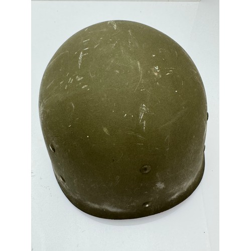 119 - Complete original WWII US Helmet. Indistinct number to inner rim on helmet shell, possibly 0077. Lin... 