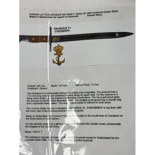 83 - Danish scale model Swiss M 1899 Schmidt-Rubin Style Danish Navy miniature bayonet letter opener. Wit... 