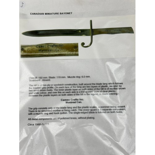 89 - Canadian scale model Cameo Crafts Montreal miniature bayonet. With accompanying written notes, from ... 