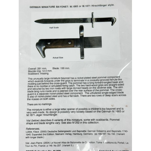 97 - German scale model M. 1865 or M 1871 Hirschfänger style larger miniature bayonet. With accompanying ... 