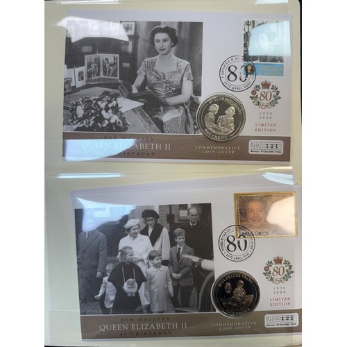 290 - Coin covers 2006 The Queen's 80th Birthday collection in 5 albums with GB £5 (2), overseas £2 (2), o... 