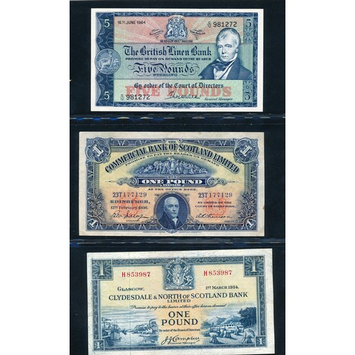 413 - Scottish Banknotes. The British Linen Bank £5 1964, Clydesdale & North of Scotland Bank £1 1954, Com... 